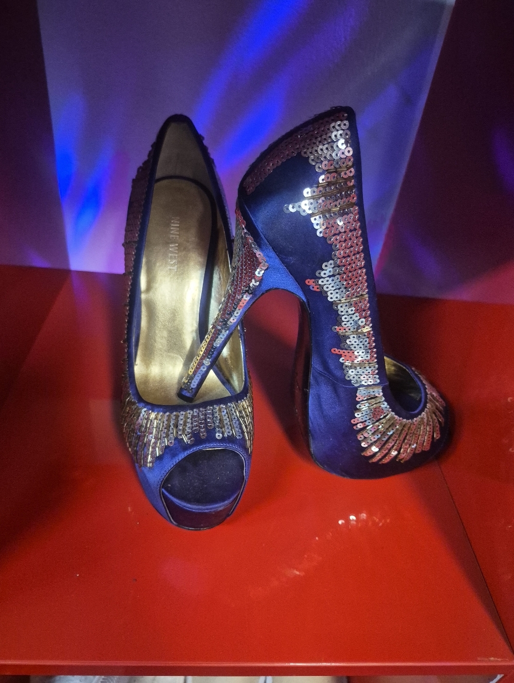 Nine West Navy Sequined Peep-Toe Heels